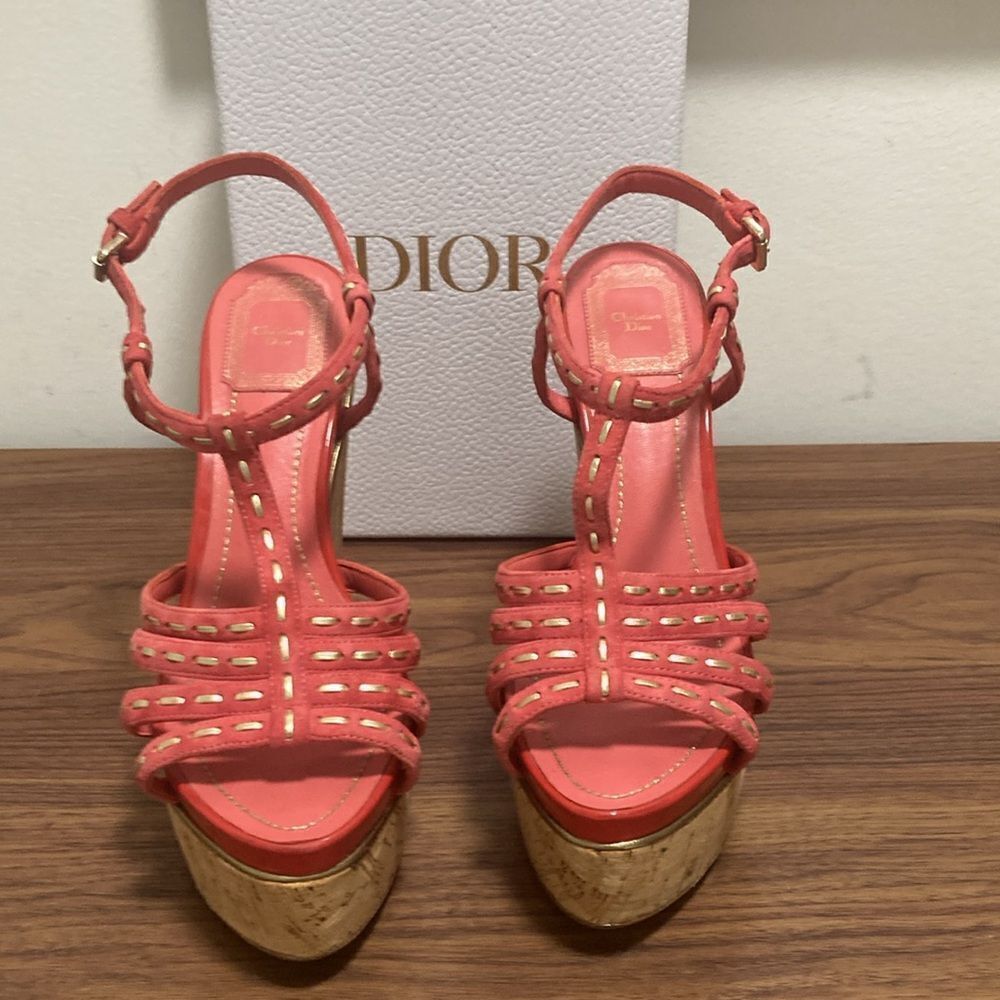 Dior Coral Leather Cork Platform Sandals with Gold Stitching
